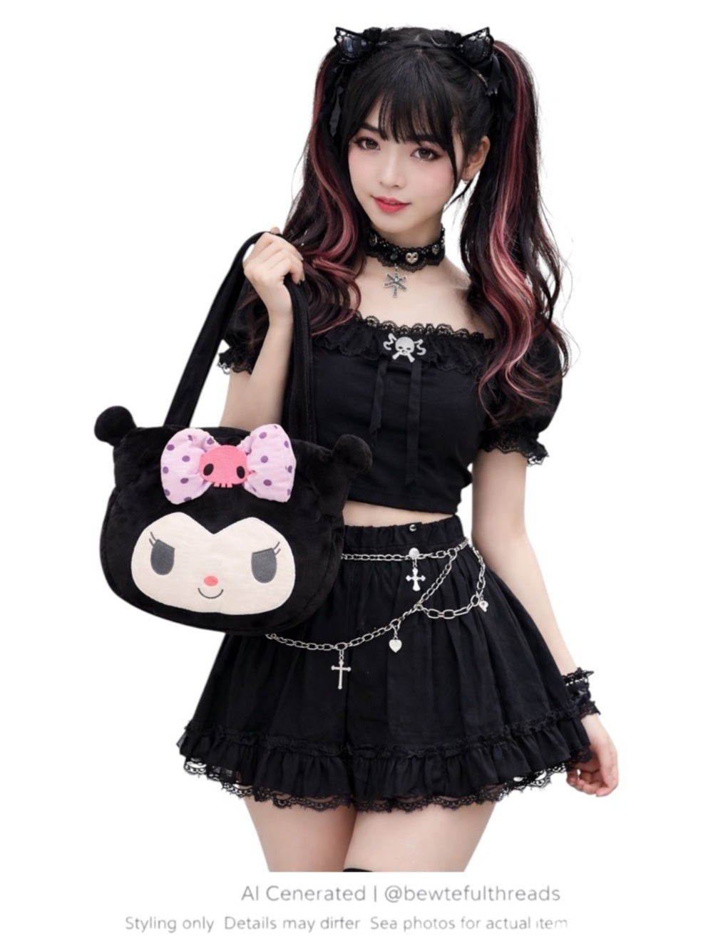 Kawaii Goth Kuromi Plush Tote Bag Pink Bow Soft Girl Harajuku